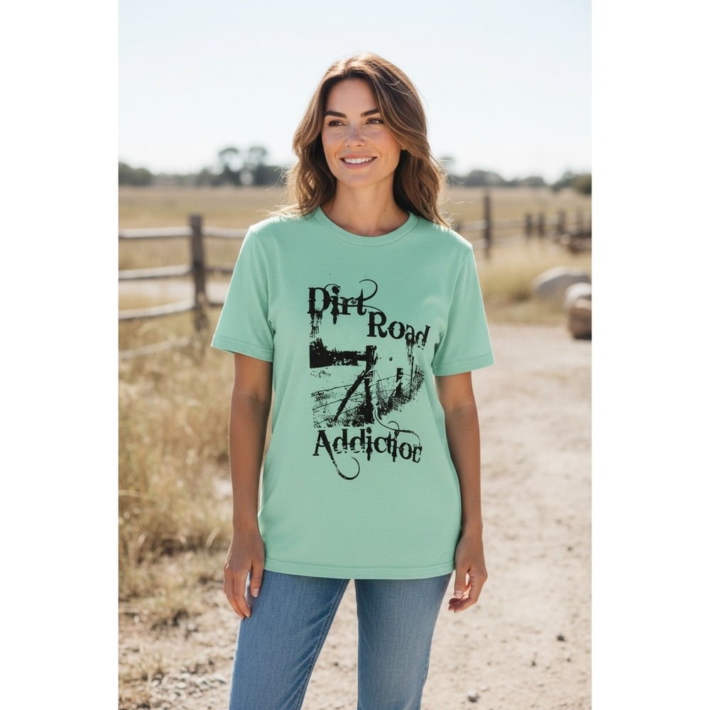 Jerzees Dirt Road Addiction Graphic T Shirt Mint Green Women's Size Large